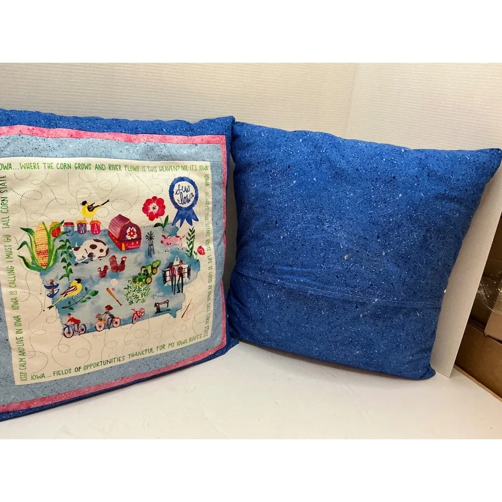 Vintage Iowa State Map Quilted Throw Pillows Set of 2 Blue Pink 16x16